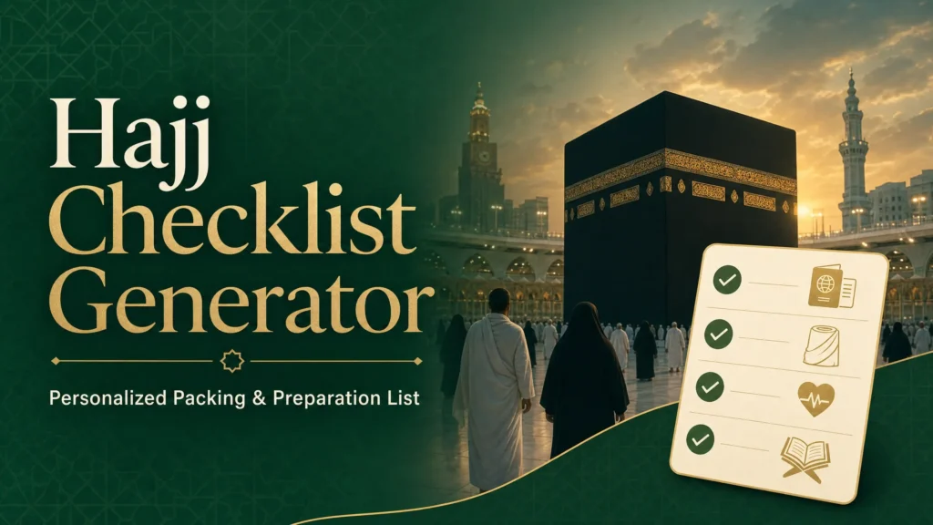 Hajj Checklist Generator banner showing pilgrims near the Kaaba and a packing checklist card