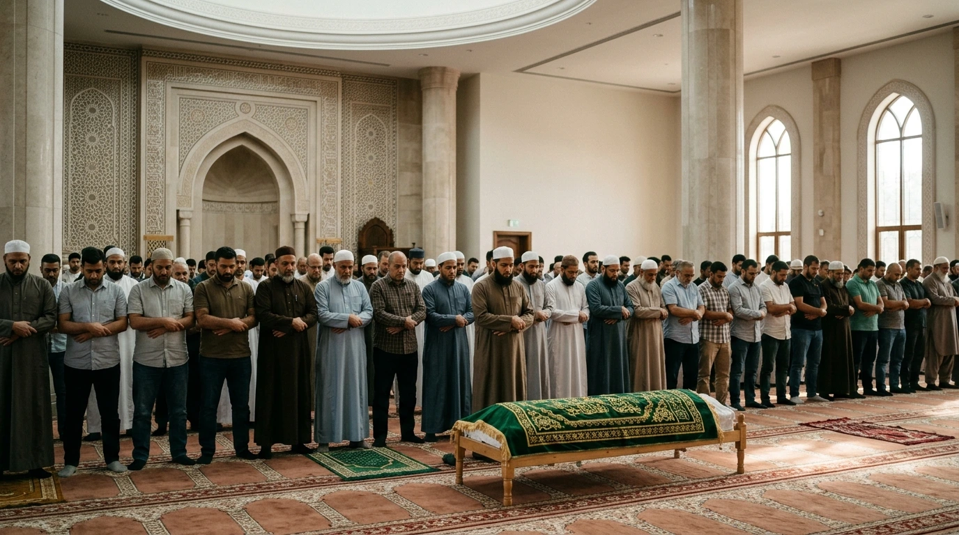 A congregation of Muslim men in a mosque standing in rows behind a bier covered with green cloth, performing the Janazah prayer (Islamic funeral prayer).