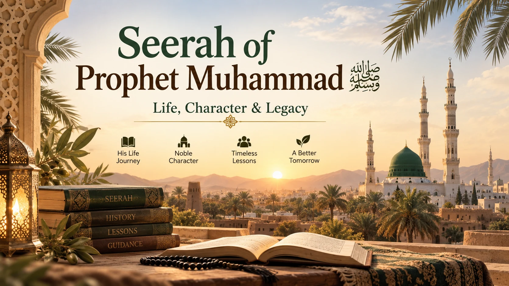 Seerah of Prophet Muhammad ﷺ timeline illustration from Makkah to Madinah