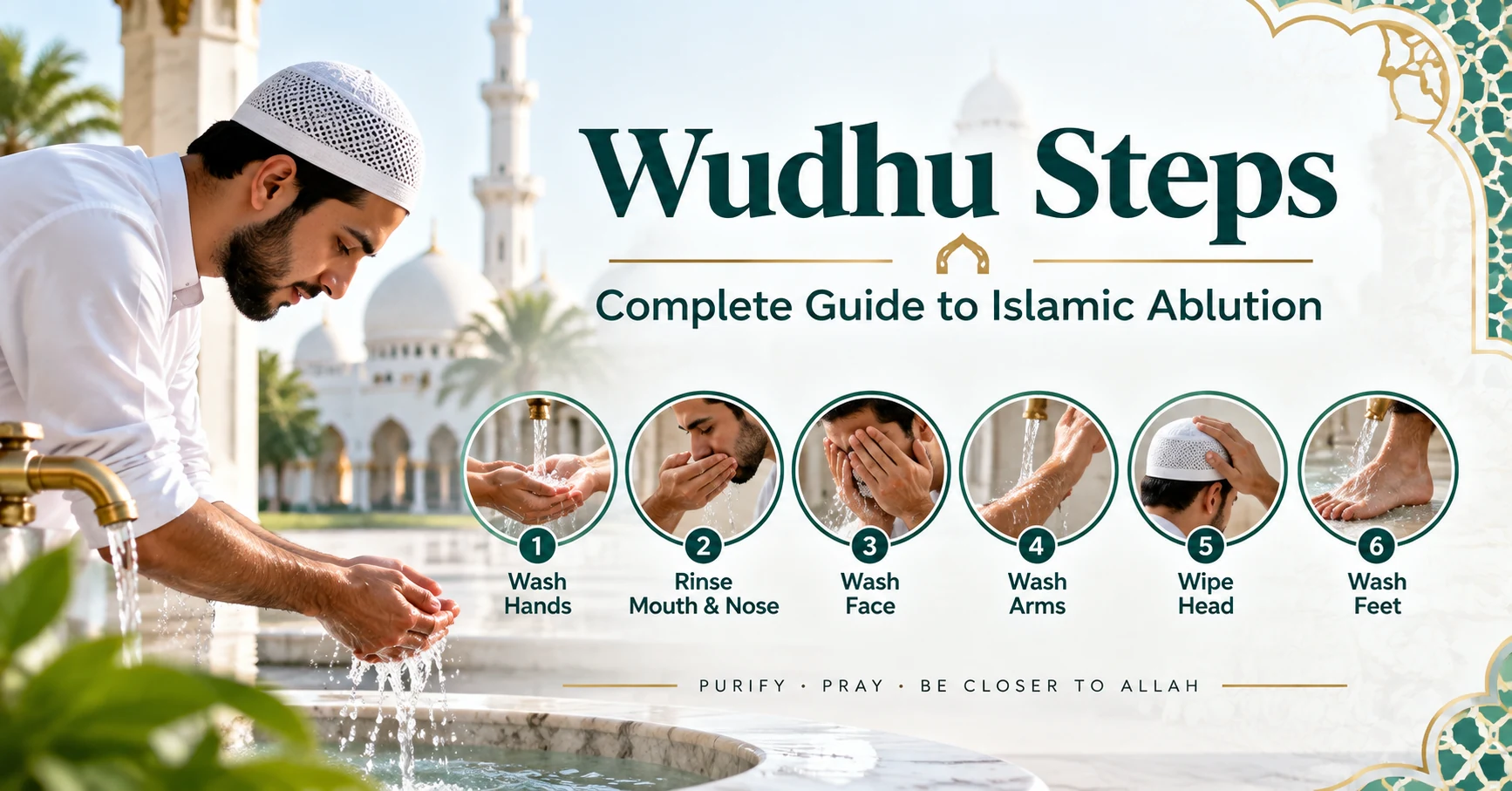 Wudhu Step-by-Step Guide — Interactive tool with illustrations 1 Wudhu steps illustrated guide showing the correct order of Islamic ablution